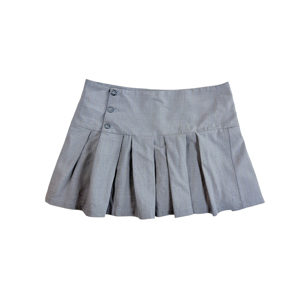 Peachy Den Pleated Mini Skirt Women Large Grey Pinstripe Wool Blend Side Button